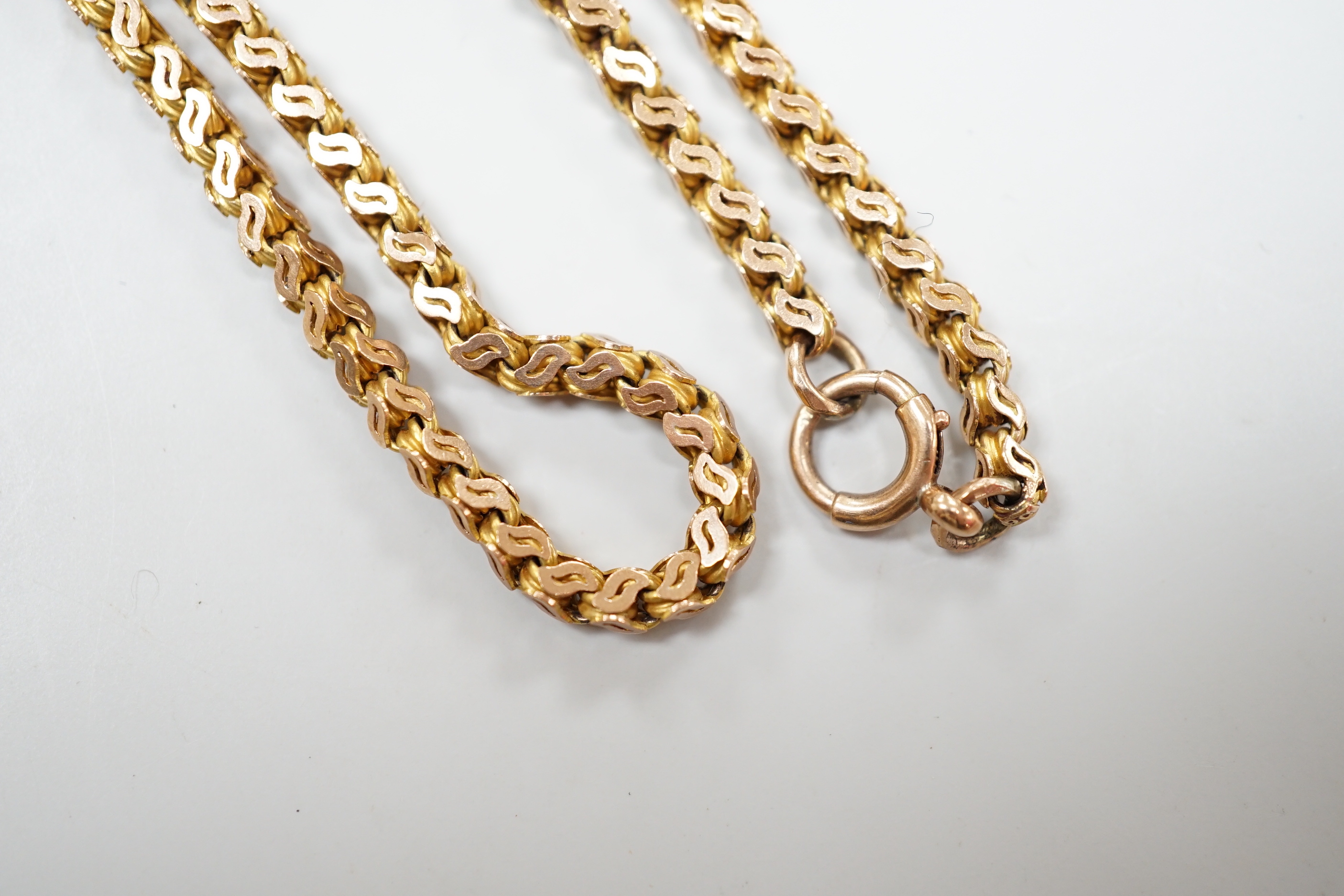 A late Victorian 9ct gold fancy link guard chain, overall 80cm, 25 grams